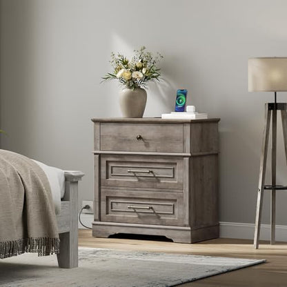 3 Drawer Tall Nightstand with Charging Station, Farmhouse Bedside Table, 27.6" W x 29.5" H, Wide End Table for Bedroom Living Room, End Tables with Charging Station, Greige - color: Greige