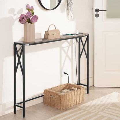 MAHANCRIS 5.9" Narrow Sofa Table with Charging Station, 39.4 Behind Couch Table with Outlet, Slim Entryway Console Table, Small Space, for Hallway, Living Room, Foyer, Greige CTHG151E01 - color: Greige, Black