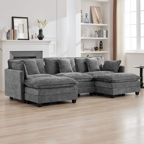 111'' Sectional Cloud Deep Seat Couch, Oversized Chenille U Shaped Sectional Sofa for Living Room Set, Comfy Upholstered Modular 3-Seats Sectional Sofa Couch with 2 Movable Ottoman, Grey - color: Grey, size: 111'' U Shape