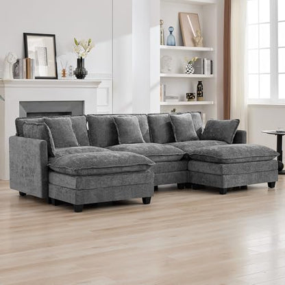 111'' Sectional Cloud Deep Seat Couch, Oversized Chenille U Shaped Sectional Sofa for Living Room Set, Comfy Upholstered Modular 3-Seats Sectional Sofa Couch with 2 Movable Ottoman, Grey - color: Grey, size: 111'' U Shape
