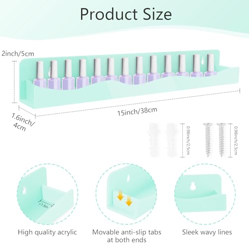 Nail Polish Wall Rack, 6-Shelf 15-Inch Light Green Acrylic Nail Polish Shelves with Removable Ends – Multi-Purpose Shelf for Essential Oils, Cosmetics Storage and Display for Salons and Bathrooms - color: Light Green