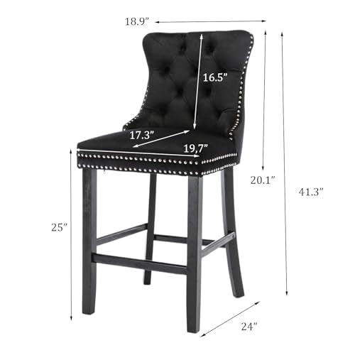 Modern Velvet Upholstered Bar Stools Set of 2 with Wood Legs, Button Tufted,Chrome Nailhead, Counterstool Seat, Armless Bar Chairs (Black) - color: Black, size: Set of 2
