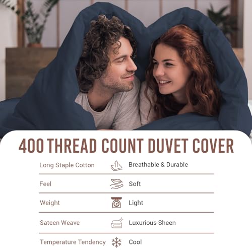 Pizuna 100% Cotton Queen Duvet Cover Set 400 Thread Count Dark Blue | Long Staple Combed Cotton Sateen Weave 3 Piece Luxurious Cool Queen Comforter Cover with Hidden Button Closure - color: 14 Dark Blue, size: Queen