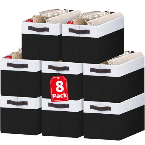 8 Pack Large Storage Baskets for Room Organization, Multi-Purpose Bins for Closet, Shelves, Kitchen, Office, Decorative Fabric Foldable Storage Boxes with Handles (14L*10W*9.5H) - color: White with Black, size: 8pcs - Rectangular 14"x10"x9.5"