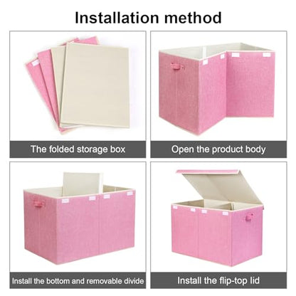 122L Large Toy Box Chest Storage with Lid, Collapsible Kids Toy Storage | Toy Chest with with Removable Divider for Kids, Boys, Girls, Nursery, Living Room, Bedroom, 26"x17" x17" (Linen Pink) - color: Extra Large Pink