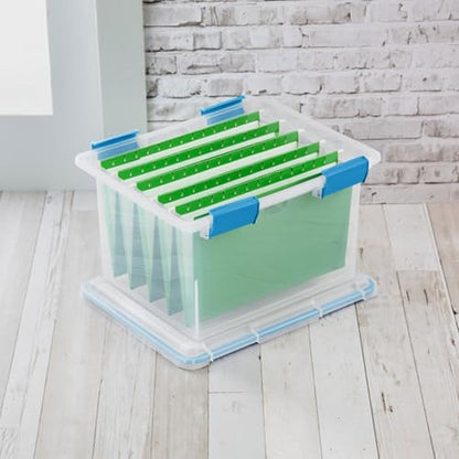 Sterilite 32 Qt Gasket Box, Stackable Storage Bin with Latching Lid and Tight Seal, Plastic Container to Organize Basement, Clear Base and Lid, 4-Pack | Heavy-Duty, Stackable, and Organizing Containers for Bathroom, Cabinet, Closet, and Garage, Clear and