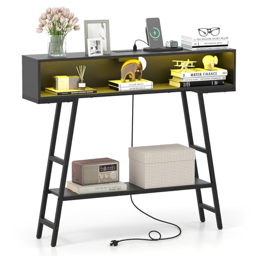 GIANTEX Modern Console Table with Charging Station & LED Lights | 40" Entryway Table with Storage Shelves, 3-Tier Display Shelf for Small Space, Sofa Table for Living Room, Black - color: Black