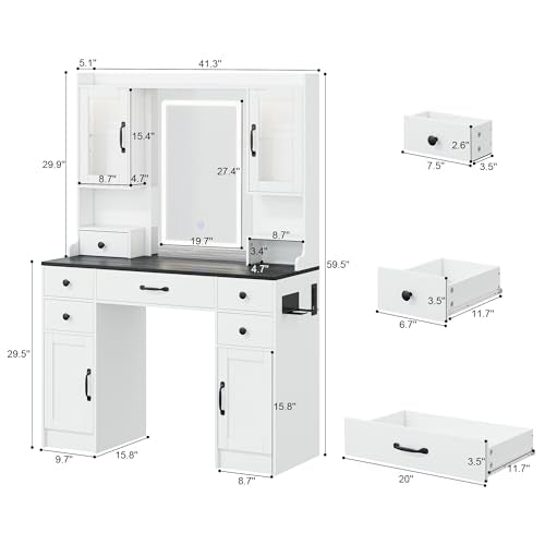 Vanity Desk with Mirror and LED Lights & Power Outlet | Large Makeup Vanity Table with 5 Drawers and 4 Storage Cabinets, White Dressing Table for Bedroom - size: 044 White