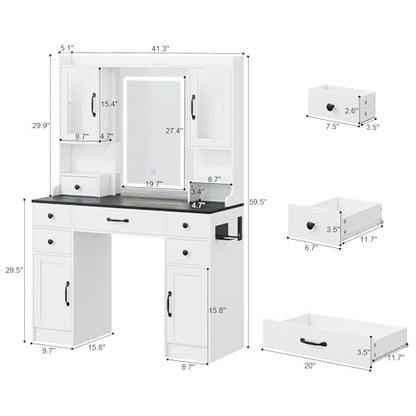 Vanity Desk with Mirror and LED Lights & Power Outlet | Large Makeup Vanity Table with 5 Drawers and 4 Storage Cabinets, White Dressing Table for Bedroom - size: 044 White