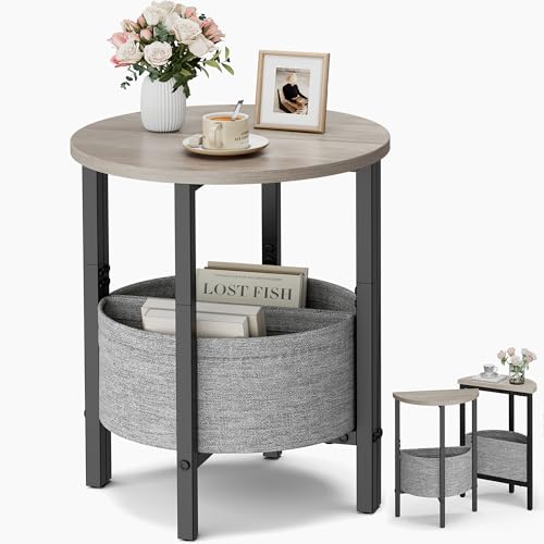 Small Round Side Table End Table, Tall Accent Table with Storage Basket, Set of 2 Half Round Tables Half Moon Tables, Coffee Bedside Tables, Modern Nightstand for Living Room Bedroom, Gray - color: Greige