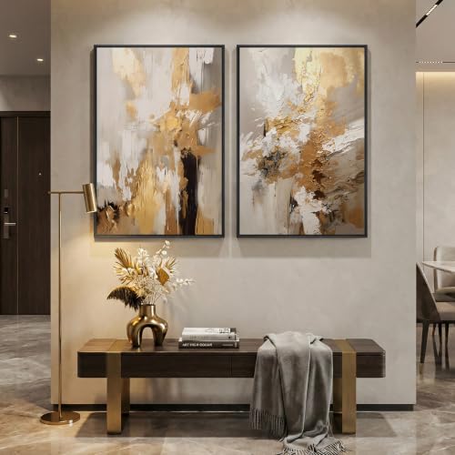 Framed Modern Luxury Brown Gold Abstract Wall Art for Living Room, 24x36 In | 2 Piece, Canvas prints, Brown gold paintings, Wood framed, Elegant luxury pictures, Dining room bedroom wall decor - color: Golden Neutral, size: 24" W x 36" H x 2Pcs