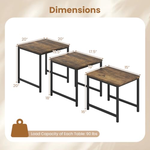 Giantex Nesting Coffee Table Set of 3, Small Center Tables for Living Room | Modern Coffee Table with Metal Frame, Space-Saving Stacking End Table for Small Space - color: Rustic Brown