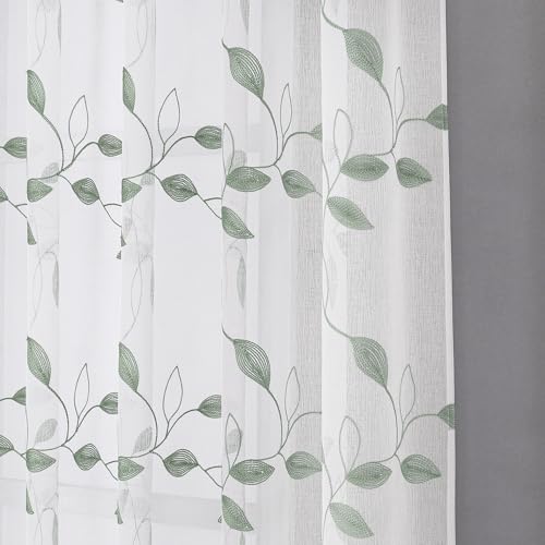 Tollpiz Sage Green Leaf Sheer Tier Curtains Leaves Embroidered Kitchen Short Curtain Rod Pocket Voile Bathroom Curtains for Cafe, 30 x 24 inches Long, Set of 2 Panels | Short Curtain Leaves Embroidered Rod Pocket Voile Bathroom Window Treatment for Cafe,