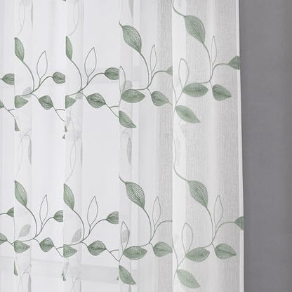 Tollpiz Sage Green Leaf Sheer Tier Curtains Leaves Embroidered Kitchen Short Curtain Rod Pocket Voile Bathroom Curtains for Cafe, 30 x 24 inches Long, Set of 2 Panels | Short Curtain Leaves Embroidered Rod Pocket Voile Bathroom Window Treatment for Cafe,
