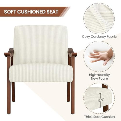 Yaheetech Corduroy Accent Chair, Mid-Century Modern Armchair with Solid Wood Legs, Reading Leisure Chair with High Back for Living Room Bedroom Waiting Room Beige | Corduroy Chair with Solid Wood Legs, Cozy Reading Leisure Chair for Living Room, Bedroom,