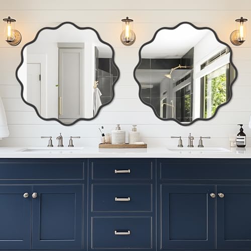 PROHOMEWARE Black Round Mirror 32 Inch Wavy Bathroom Vanity Mirror Black Frame Modern Wall Mirror Decorative Wall-Mounte Anti-Rust, Tempered Glass - color: Black, size: 32"L x 32"W