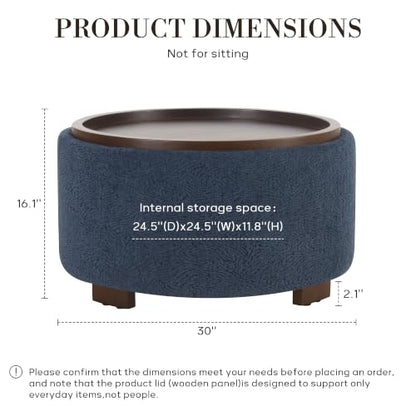 Zihanhome 30" Round Storage Ottoman Coffee Table with Removable Tray Top, Large Hidden Storage Ottoman, Solid Wood Legs for Living Room, Bedroom, Apartment (Blue Striped) - color: Blue Striped