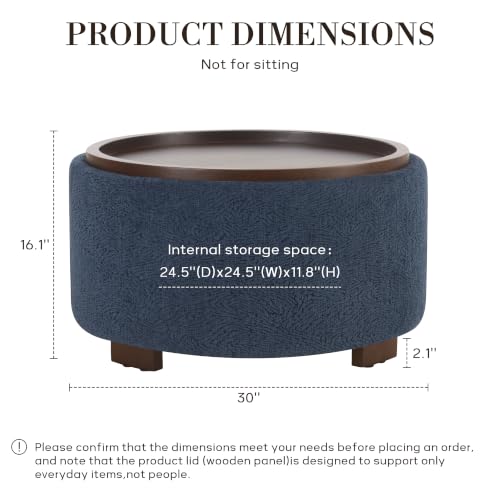 Zihanhome 30" Round Storage Ottoman Coffee Table with Removable Tray Top, Large Hidden Storage Ottoman, Solid Wood Legs for Living Room, Bedroom, Apartment (Blue Striped) - color: Blue Striped