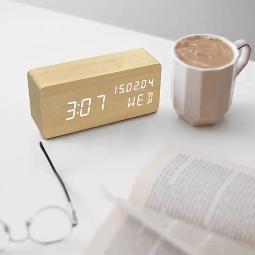 Wood Digital Alarm Clock Desk Time, Date(MM/DD/YY), Day of The Week, Temperature, Nightlight Large LED Display Portable Lamp Bedroom, Office, School, Home, Livingroom, Room (Bamboo) - color: Bamboo
