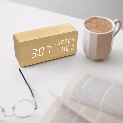 Wood Digital Alarm Clock Desk Time, Date(MM/DD/YY), Day of The Week, Temperature, Nightlight Large LED Display Portable Lamp Bedroom, Office, School, Home, Livingroom, Room (Bamboo) - color: Bamboo