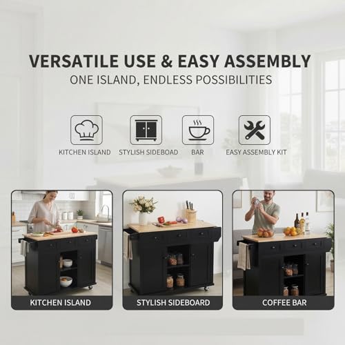 53'' Mobile Kitchen Island with Seating, Rolling Kitchen Island with Storage and Drop Leaf, 3 Drawers Islands Cart Rubberwood Top, 2 Open Shelves, Isla para Cocina, Black + 2 StooIs