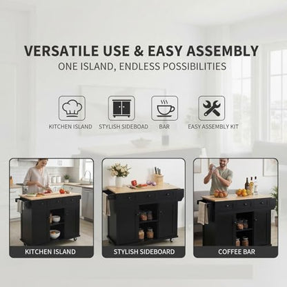 53'' Mobile Kitchen Island with Seating, Rolling Kitchen Island with Storage and Drop Leaf, 3 Drawers Islands Cart Rubberwood Top, 2 Open Shelves, Isla para Cocina, Black + 2 StooIs