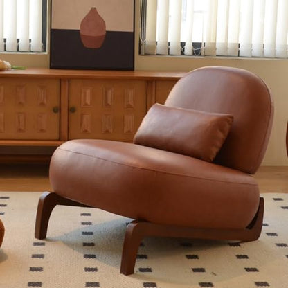 Brown Faux Leather Slippers Chair with Solid Wooden Legs | Low Armless Accent Chair with Soft Cushion, Comfy Upholstered Side Chairs for Living Room, Bedroom, Balcony or Reading Room - color: Brown