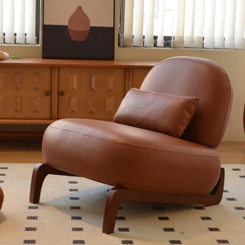 Brown Faux Leather Slippers Chair with Solid Wooden Legs | Low Armless Accent Chair with Soft Cushion, Comfy Upholstered Side Chairs for Living Room, Bedroom, Balcony or Reading Room - color: Brown