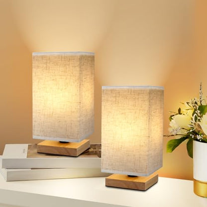 Small Square Bedside Table Lamp for Bedroom set of 2,Minimalist Wood Base & Round Fabric Shade,Mini Cute Cozy Warm Nightstand Boho Lamp, Study Desk Night Stand Light for Room,Dorm,Nursery,Living Room - size: Square - Set of 2