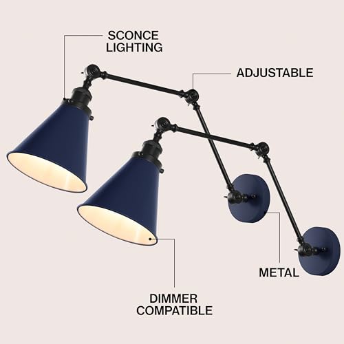 JONATHAN Y Rover 1-Light Wall Sconce 7", Navy/Black, Set of 2 | Adjustable Arm, Hardwired Bedside Reading Swing Arm, Farmhouse Cone Shade, Metal Hardwired Indoor Fixture, LED Bulbs Included - color: Navy/Black, size: Set of 2