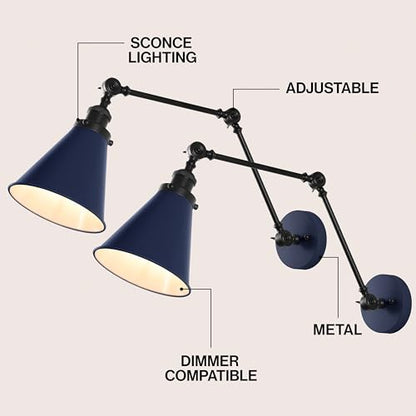 JONATHAN Y Rover 1-Light Wall Sconce 7", Navy/Black, Set of 2 | Adjustable Arm, Hardwired Bedside Reading Swing Arm, Farmhouse Cone Shade, Metal Hardwired Indoor Fixture, LED Bulbs Included - color: Navy/Black, size: Set of 2