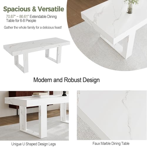 71-87 Inch White Extendable Dining Table, Seats 6-10, Modern Kitchen Table | STHOUYN Expandable Dining Room Table, White Marble-Look Finish, Modern Rectangle Design, Seats 6-10, Kitchen Dinner Table - color: White
