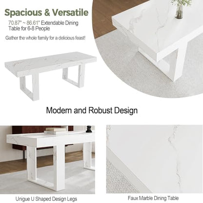 71-87 Inch White Extendable Dining Table, Seats 6-10, Modern Kitchen Table | STHOUYN Expandable Dining Room Table, White Marble-Look Finish, Modern Rectangle Design, Seats 6-10, Kitchen Dinner Table - color: White
