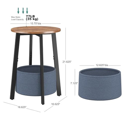 sthmec Small Round Side End Table with Storage Basket, Round Bedside Sofa Couch Coffee Tables for Small Places with Metal Frame, Modern Nighstands for Living Room Bedroom, Rustic Brown - color: Rustic Brown