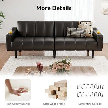 80'' Futon Sofa Bed,Faux Leather Futon Sleeper Sofa, Convertible Loveseat with Adjustable Sofa Backrest,Modern Couches for Living Room, Bedroom, Apartment, Office (Black) - color: Faux Leather Black