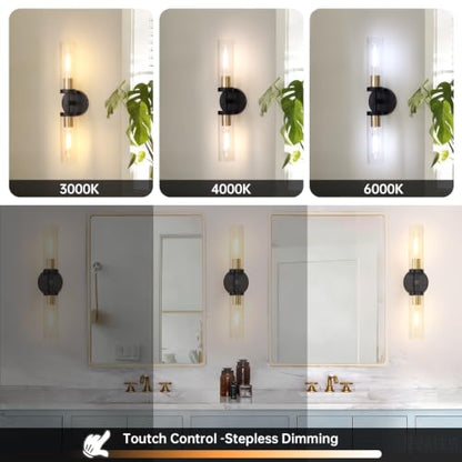 Shenmoyl Set of 2 Wall Sconces, 7800 mAh Battery Operated Wall Sconce with 3 Colors & Remote Control, Black Gold Rechargeable Wall Lamp with Clear Glass Shade for Bedroom, Bathroom, Stairwell, Hallway - color: Double-head Black&Gold - Clear Glass