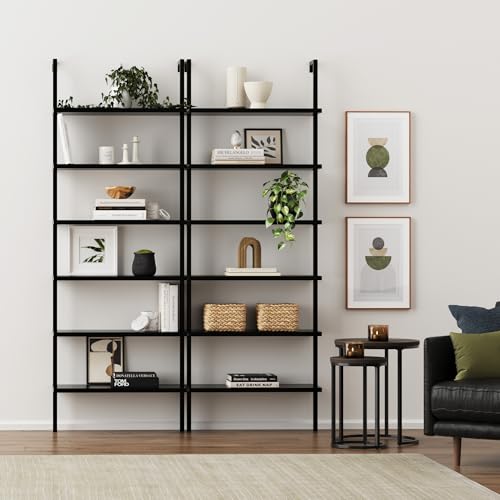 Nathan James Theo 6-Shelf Tall Bookcase, Wall Mount Bookshelf Wood Shelves and Metal Frame, Matte Black, Set of 2 - color: Black, size: Set of 2