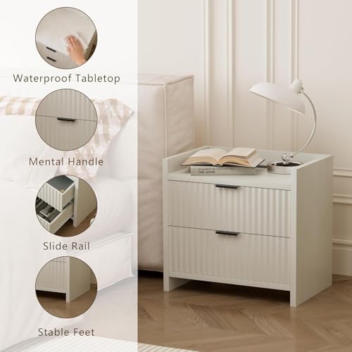 Nightstand with 2 Storage Drawers & Charging Station, Wooden Top Bedside Table for Bedroom,Suitable for Beside The Bed in The Bedroom, White (1pcs)