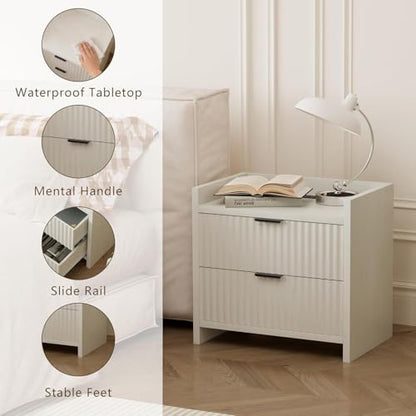 Nightstand with 2 Storage Drawers & Charging Station, Wooden Top Bedside Table for Bedroom,Suitable for Beside The Bed in The Bedroom, White (1pcs)