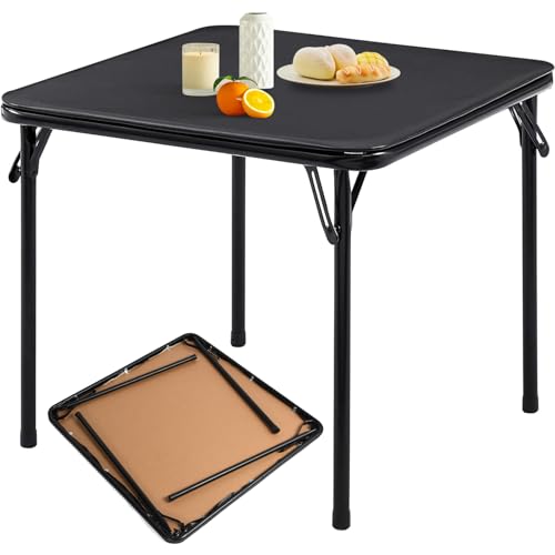 FurnitureR Square Folding Card Table 34 Inch, No Assembly Portable Table for Game Nights, Small Space Dining & Indoor Outdoor Use, PVC Top with Metal Frame, Black - color: Black, size: 33.9" Square Table