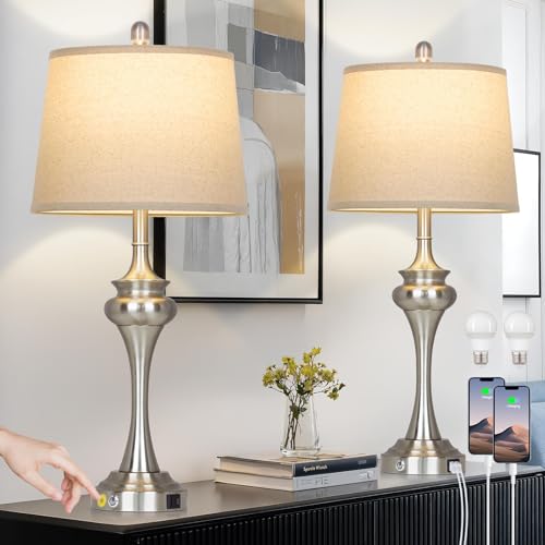 Rinweey 30" Silver Table Lamps Set of 2, 3 Way Touch Control Living Room Lamp with USB A+C Ports, Modern Brushed Nickel Bedroom Lamps, Tall Metal Bedside Lamp for Nightstand Desk Side Table Office - color: Silver-30”H