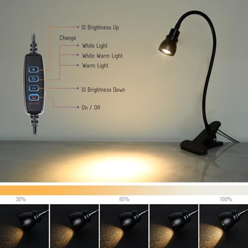 Zoomable Clip on Light, Clamp Reading Light for Dorm Bed Headboard, Dimmable Spotlight with 3 Color Temperature Options, 10 Dimmable Brightness Levels, Adjustable Beam Angle - color: Black