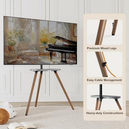 Tripod TV Stand for 43-65" TVs, Swivel, Black Walnut | Height-adjustable easel TV stand, wood media shelf, cable management and VESA up to 400x400 - color: Black, size: 43–65 Inch TVs