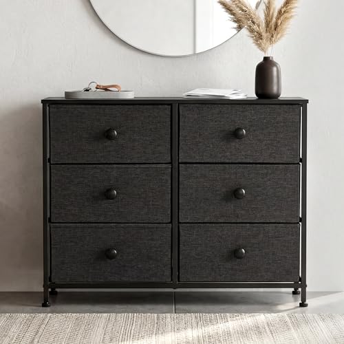 DUHOME 6 Drawer Black Fabric Dresser, Storage Organizer with Wood Top & Steel Frame, Modern Style Storage Cabinets Organization Units for Bedroom, Closet, Hallway, Entryway, Nursery & Living Room