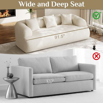 91" Modern Curved Couch,3 Seater Boneless Sofa & Deep Seat,Beige White | Cute Curve Sofa with Soft Chenille,High Foam and Oversized Deep for Modern Living Rooms, Bedrooms ,Apartments,No Assembly - color: Beige, size: 91''