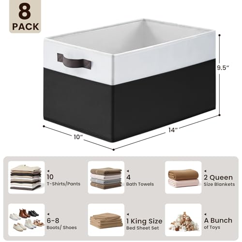 8 Pack Large Storage Baskets for Room Organization, Multi-Purpose Bins for Closet, Shelves, Kitchen, Office, Decorative Fabric Foldable Storage Boxes with Handles (14L*10W*9.5H) - color: White with Black, size: 8pcs - Rectangular 14"x10"x9.5"