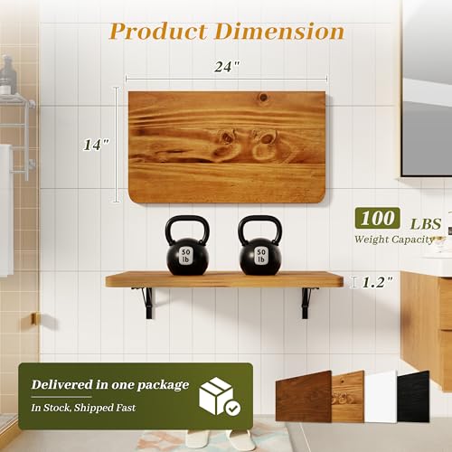 Dogsky 24" x 14" Floating Wall Desk, Fold Down Wall Table - 100 lbs Heavy Duty Solid Pine Wall Mount Folding Desk for Home Office, Laundry Room, Kitchen & Small Apartment, Burning Yellow - color: Burning Yellow, size: 24'' x 13.7'' x 6.3''
