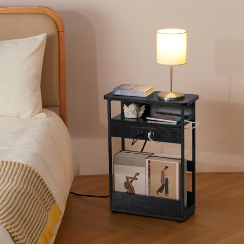 YEAKOO Narrow Side Table with Charging Station, 3-Tier End Table with 2 USB Ports & Power Outlets,Thin Sofa Side Table for Narrow and Small Spaces, Bedside Table Nightstand for Living Room,Black - color: Black