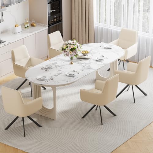 Modern Swivel Dining Chairs Set of 6, Upholstered Dining Room Chairs with Thicken Cushion, 360°Swivel Dining Chairs with Metal Legs for Dining Room, Kitchen, Bedroom, Chenille, Beige - color: Beige, size: Set of 6