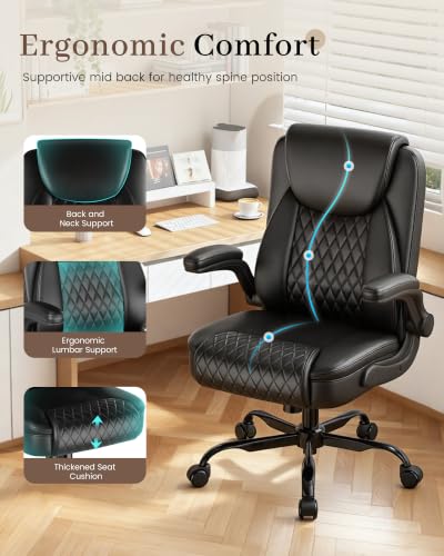 COMHOMA Mid-Back Office Chair, Ergonomic PU Desk Chair with Flip up Arms, Small Computer Gaming with Comfy Lumbar Support,Rocking Function,Sturdy Metal Base, Black - color: Black